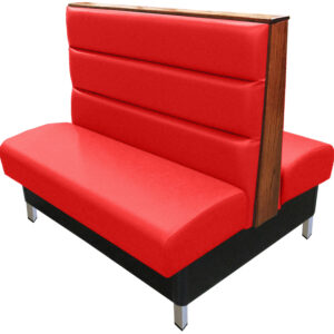 Britt vinyl upholstered booth with red vinyl seat back and autumn haze wood top end cap and brushed aluminum legs v2 web