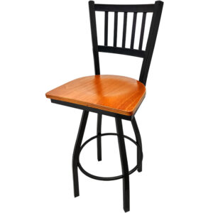 SL2090S C Verticalback Barstool with Cherry stain Wood Seat and Black Powder Coat Swivel Frame